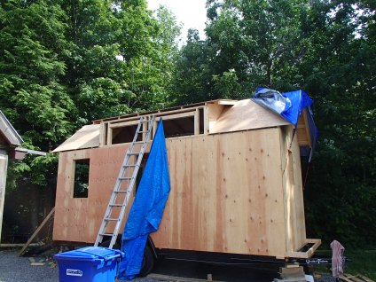 Roof sheathing near completion
