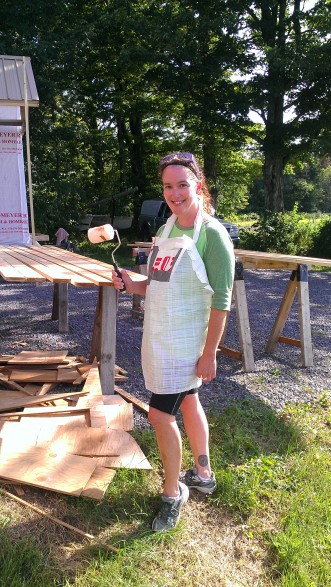 Trish with her staining apron.
